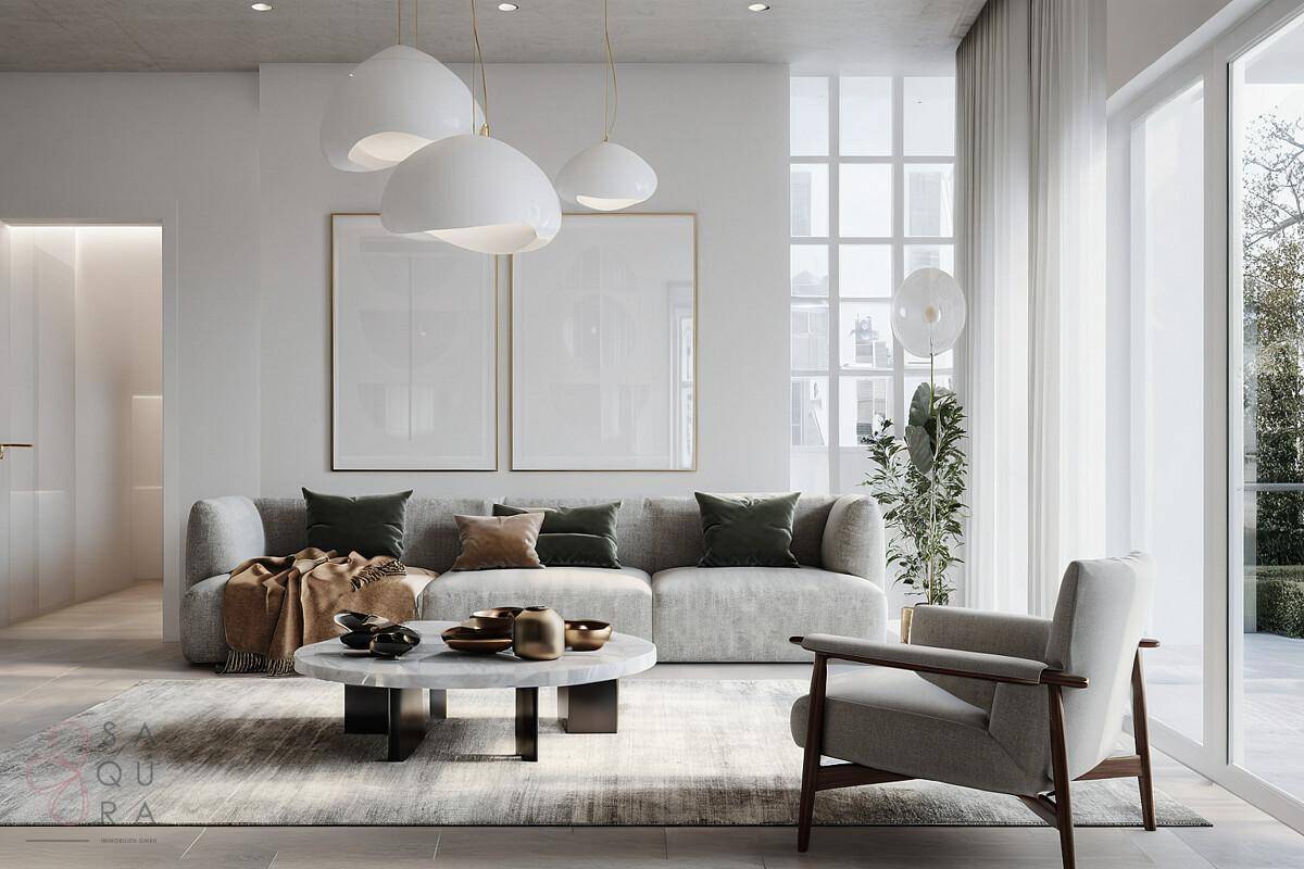 Lichtdurchflutetes Wohnzimmer mit moderner Einrichtung, bequemer Couch und Zugang zu einem Außenbereich.