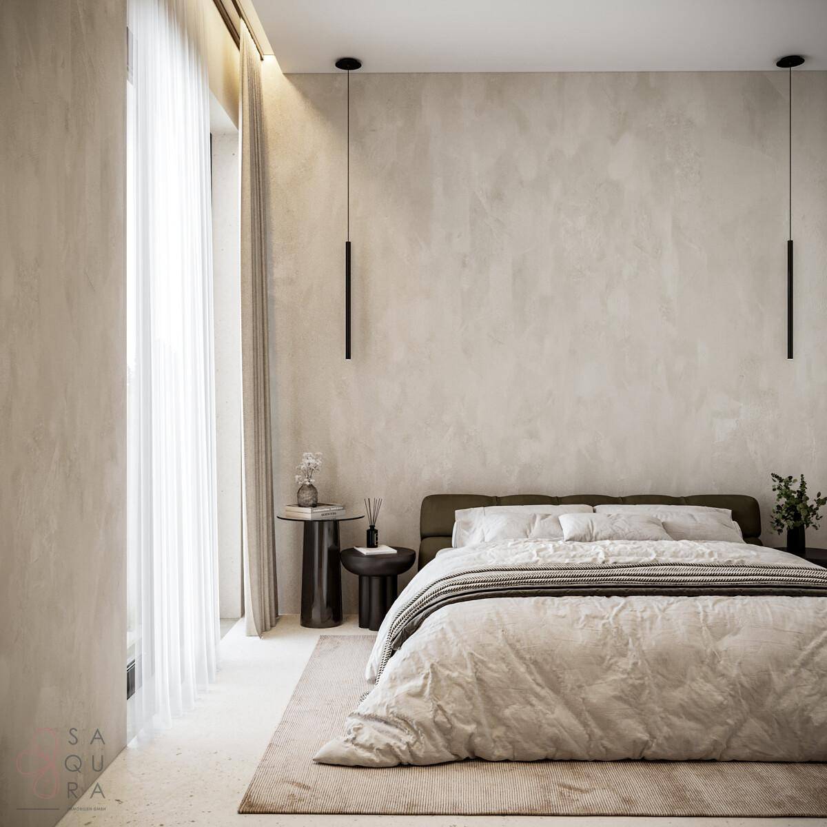 Modernes Schlafzimmer mit minimalistischer Einrichtung, indirekter Beleuchtung und Teppichboden.