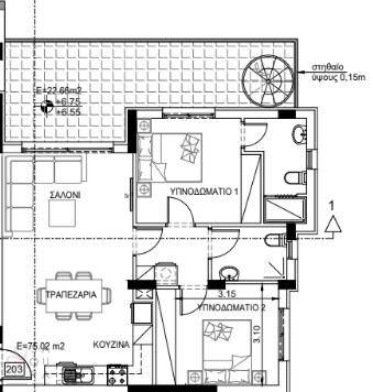 Grundriss einer Wohnung mit zwei Schlafzimmern, offenem Wohnbereich und großer Terrasse.