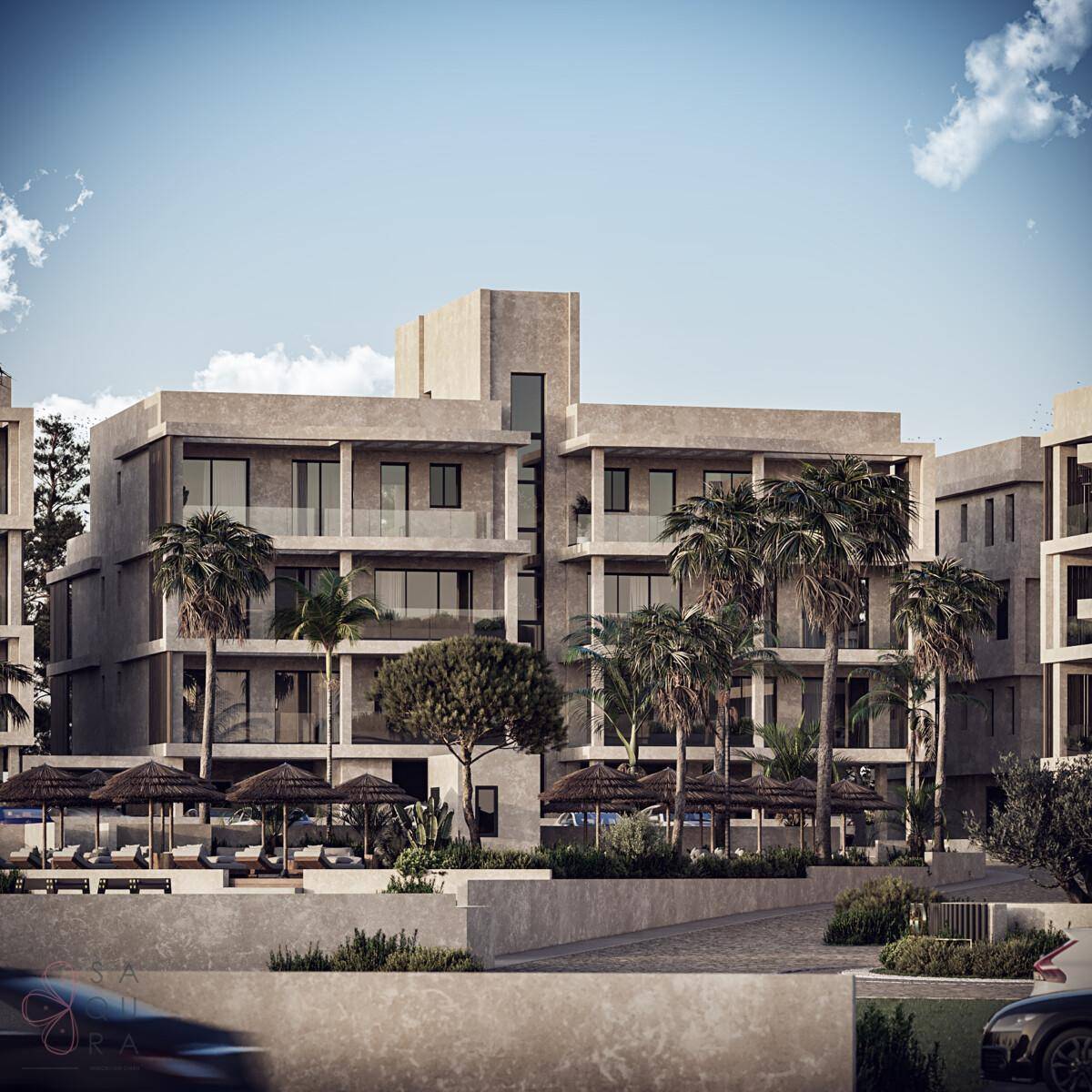 Architektonische Visualisierung des modernen Apartmentgebäudes mit Parkplätzen und Palmen im Vordergrund.