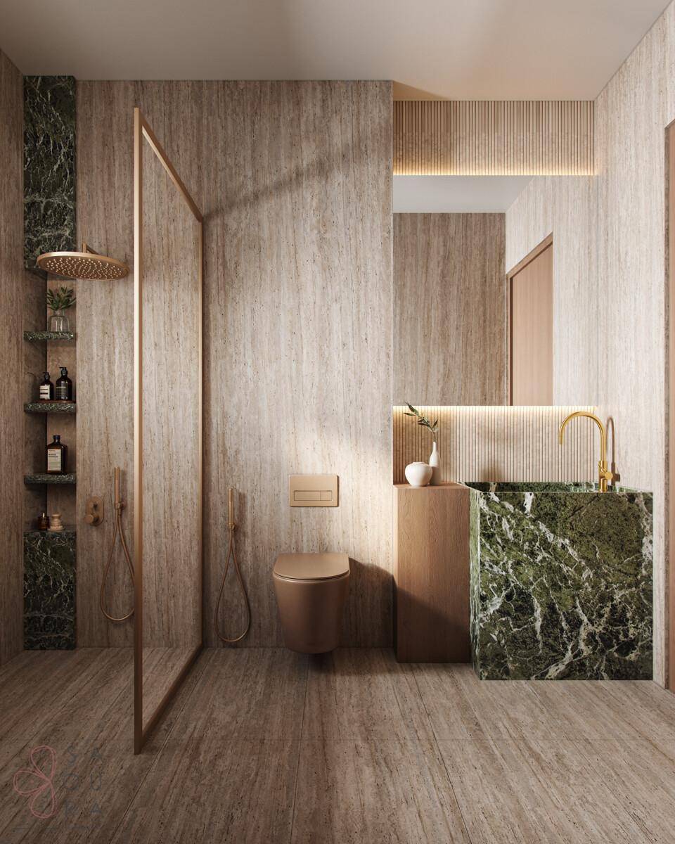 Luxuriöses Badezimmer mit begehbarer Dusche, grünem Marmorwaschbecken und modernen Armaturen.