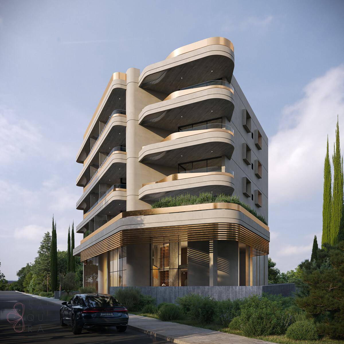 Moderne Architektur eines Mehrfamilienhauses mit geschwungenen Balkonen und eleganter Fassade.