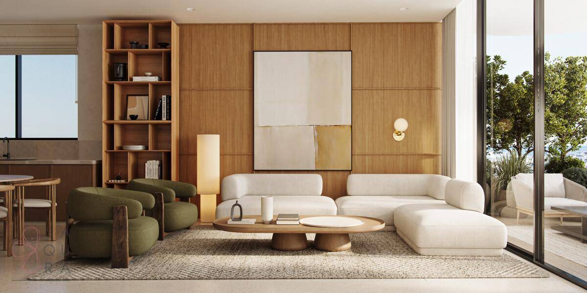 Helles Wohnzimmer mit bequemen Sofas, Holzwandverkleidung und großen Glasfronten zum Außenbereich.