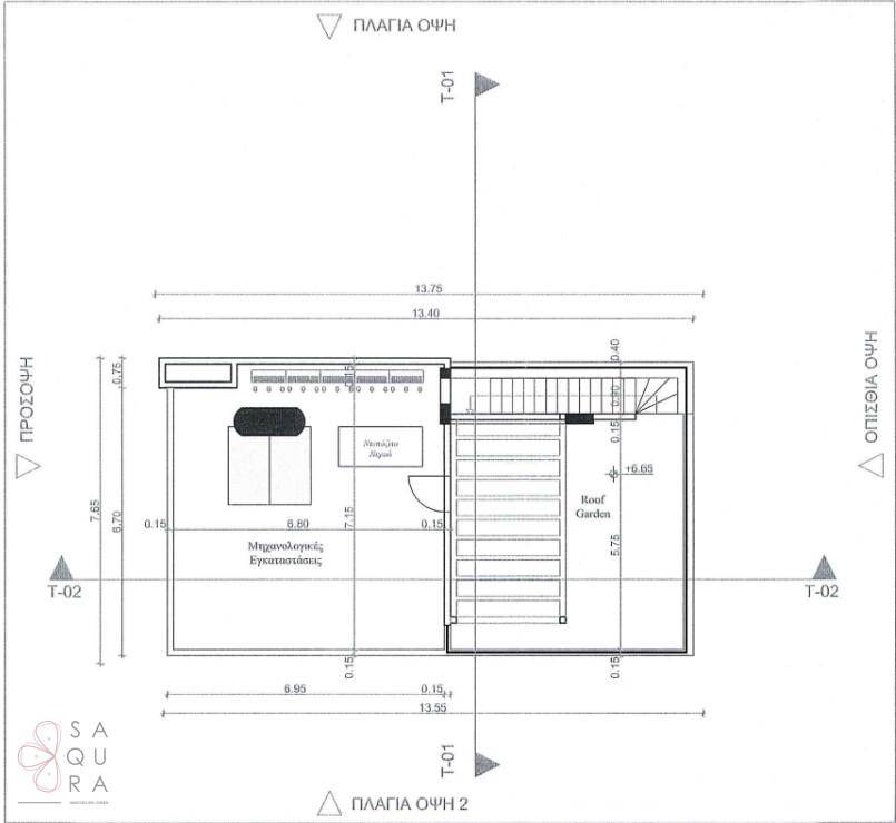 Architektonische Ansichten der Gebäudefassade mit Steinverkleidung und vertikalen Lamellen.