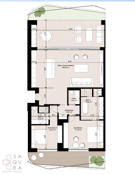 Grundriss einer Wohnung mit offenem Wohnbereich, zwei Schlafzimmern und zwei Bädern.