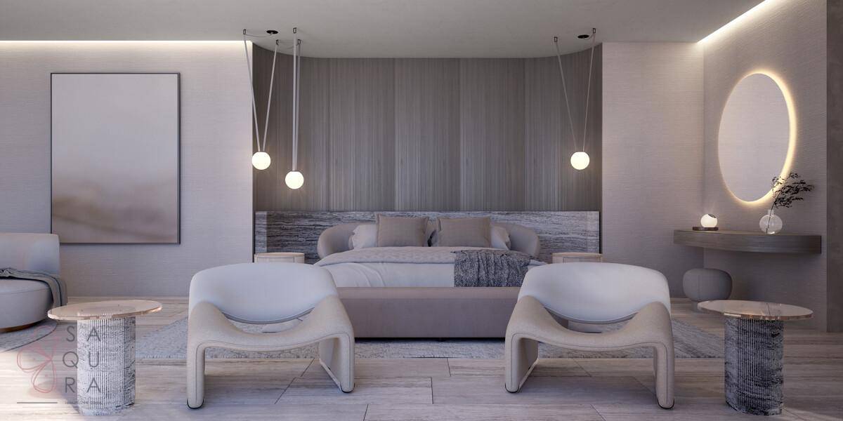 Luxuriöses Schlafzimmer mit modernem Design, indirekter Beleuchtung und stilvollen Möbeln.