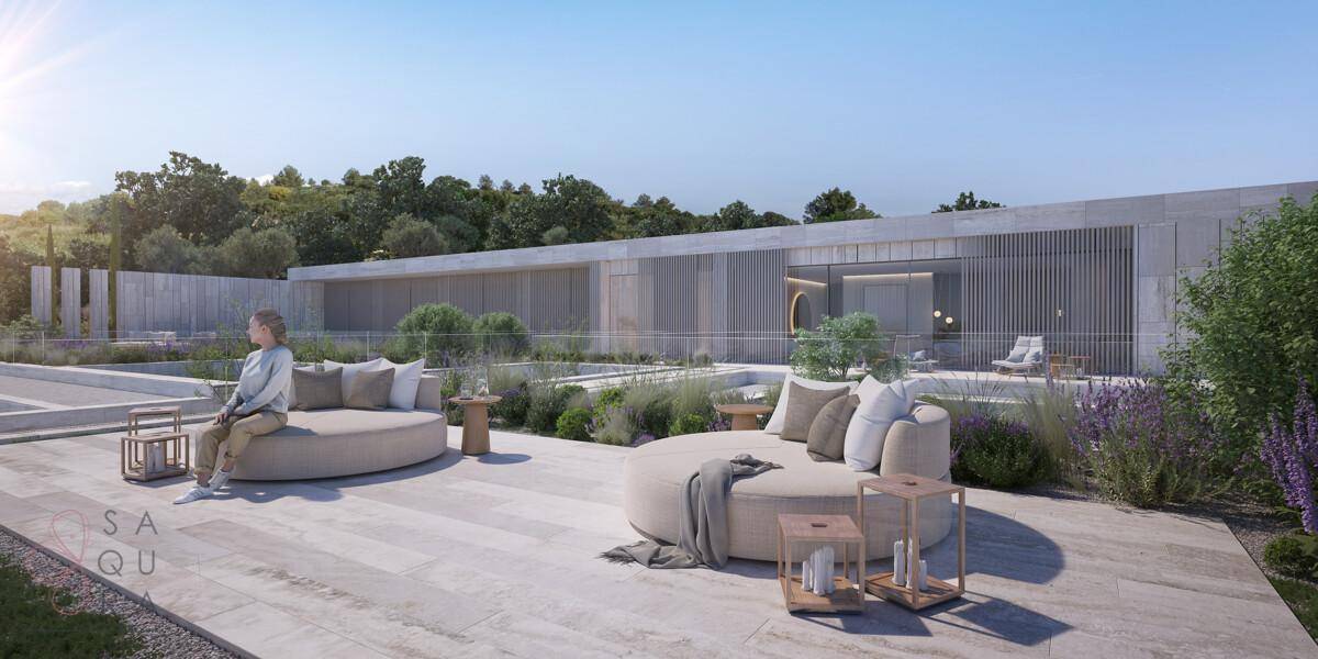 Weitläufige Dachterrasse mit bequemen Sitzgelegenheiten und mediterraner Bepflanzung.