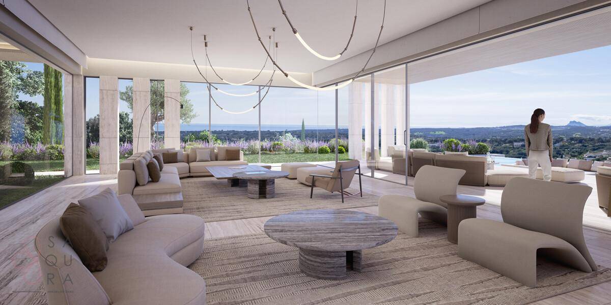 Lichtdurchflutetes Wohnzimmer mit luxuriösen Sitzgelegenheiten und Panoramablick auf die Landschaft.