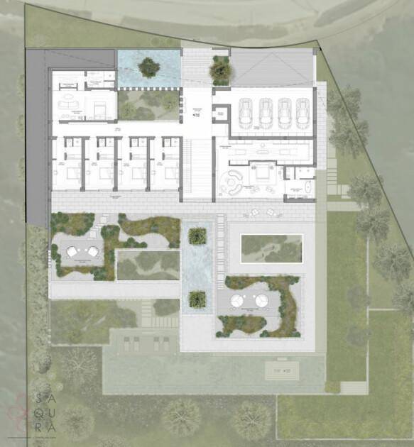 Grundriss des Erdgeschosses mit Zimmeraufteilung, Garage und Außenbereichen.