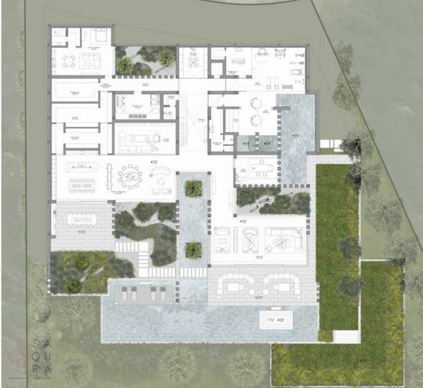 Umfassender Grundriss der Villa mit detaillierter Raumaufteilung und Außenanlagen.