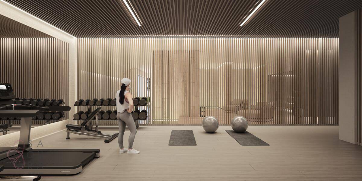Privater Fitnessraum mit modernen Trainingsgeräten und Holzlamellen an den Wänden.