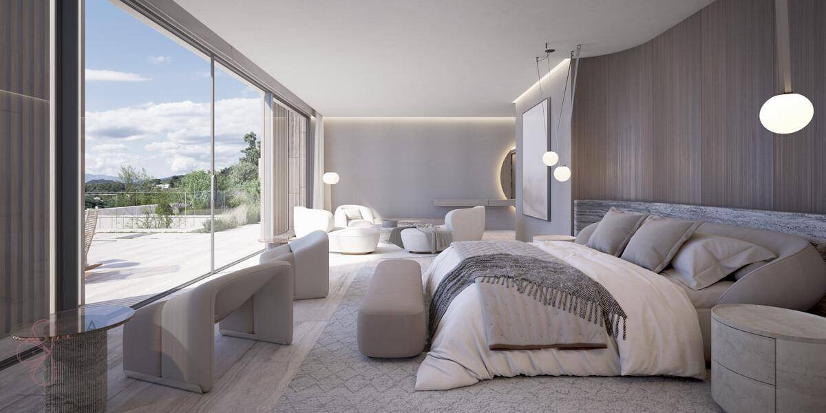 Helles Schlafzimmer mit großen Glasfronten, Zugang zur Terrasse und Panoramablick.