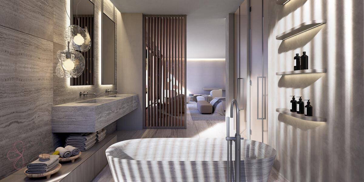 Luxuriöses Badezimmer mit freistehender Badewanne, Doppelwaschbecken und eleganten Armaturen.
