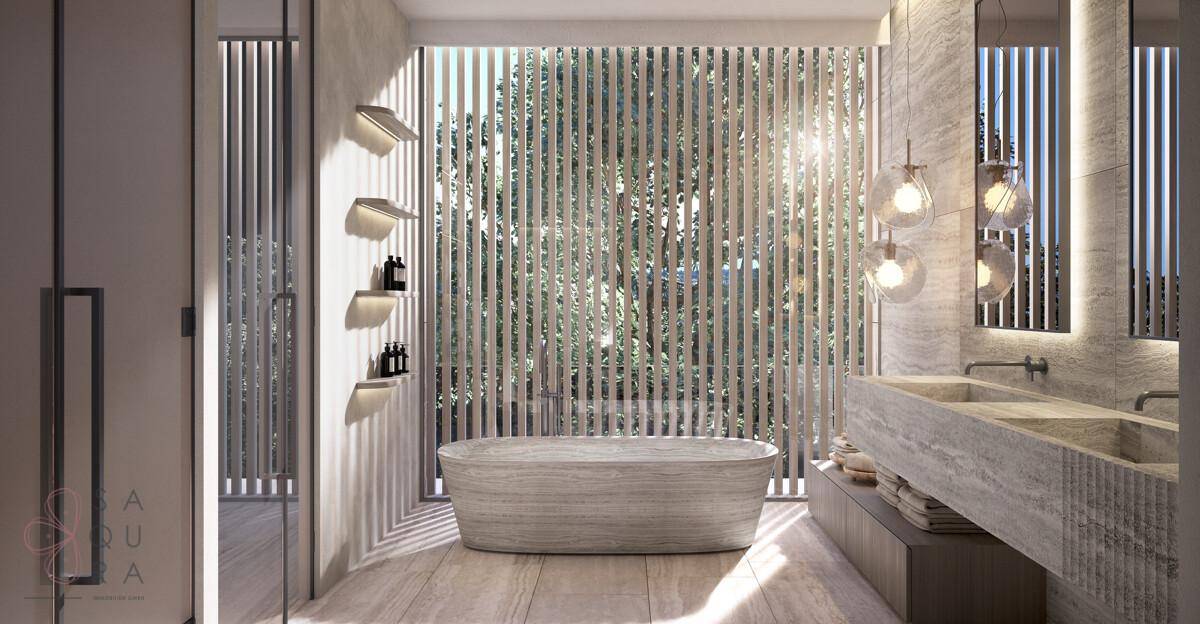 Modernes Badezimmer mit freistehender Badewanne, Doppelwaschbecken und natürlichem Lichteinfall.
