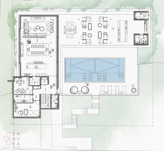 Grundriss des Erdgeschosses mit offenem Wohnbereich, Pool und Außenanlagen.