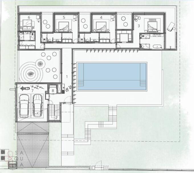 Grundriss des Obergeschosses mit mehreren Schlafzimmern, Bädern und Garage.