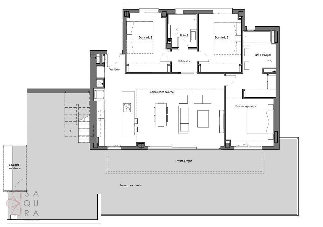 Grundriss einer Wohnung mit drei Schlafzimmern, offenem Wohnbereich und Terrasse.