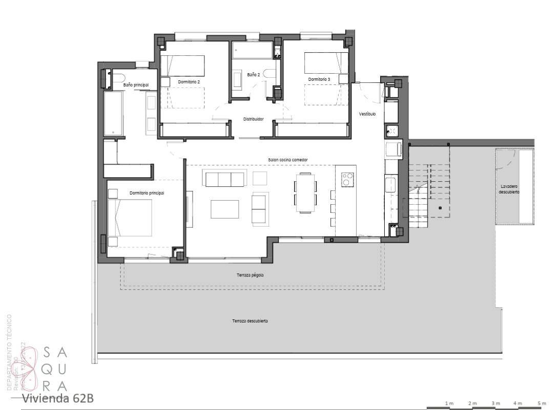 Grundriss einer Wohnung mit drei Schlafzimmern, zwei Bädern, offenem Wohnbereich und großer Terrasse.