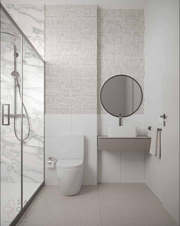 Modernes Badezimmer mit begehbarer Dusche, stilvollem Waschbecken und dekorativer Wandgestaltung.