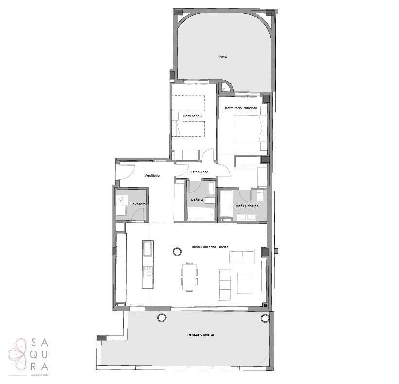 Grundriss zeigt eine Wohnung mit drei Schlafzimmern, zwei Bädern und einer großen überdachten Terrasse.