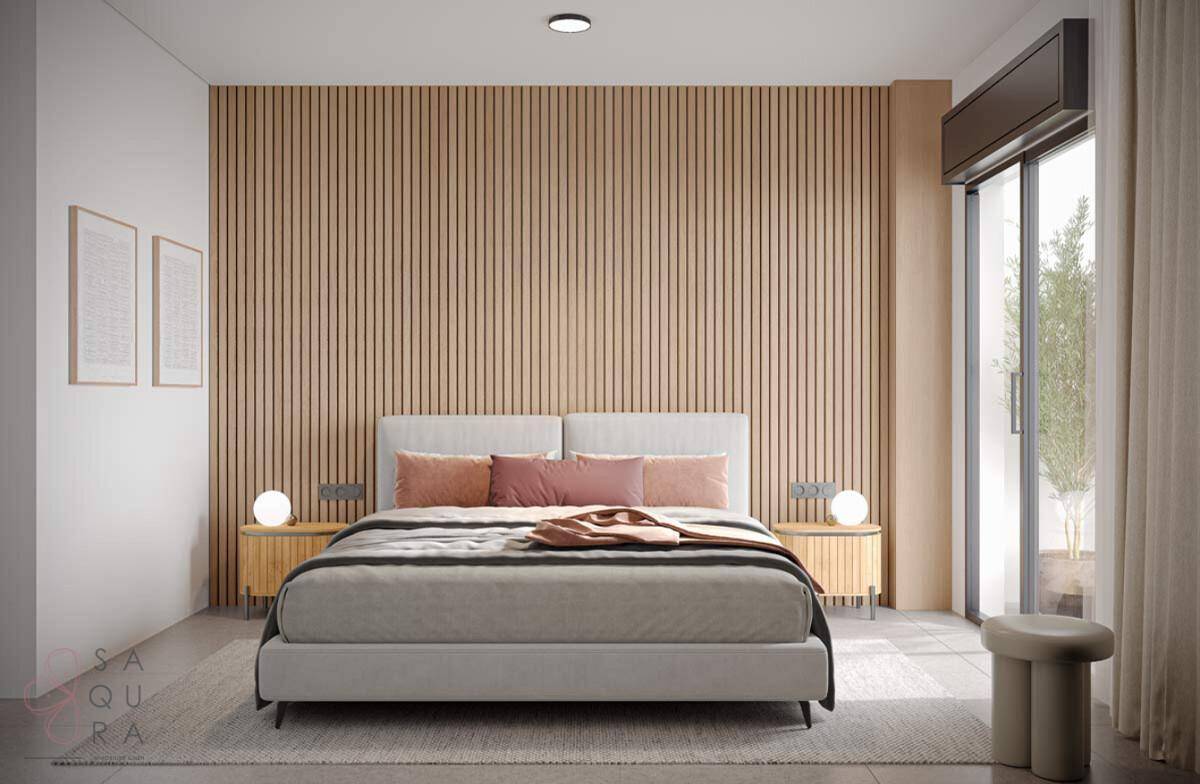 Modernes Schlafzimmer mit Holzwandverkleidung, großem Bett und Zugang zu einem Außenbereich.
