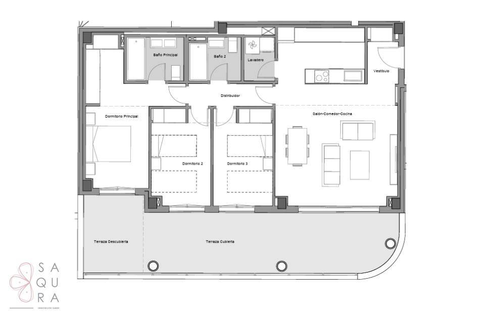 Grundriss einer Wohnung mit drei Schlafzimmern, zwei Bädern und großzügiger Terrasse.