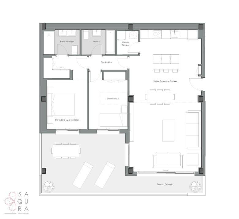 Grundriss einer Wohnung mit offenem Wohnbereich, zwei Schlafzimmern und großer Terrasse.