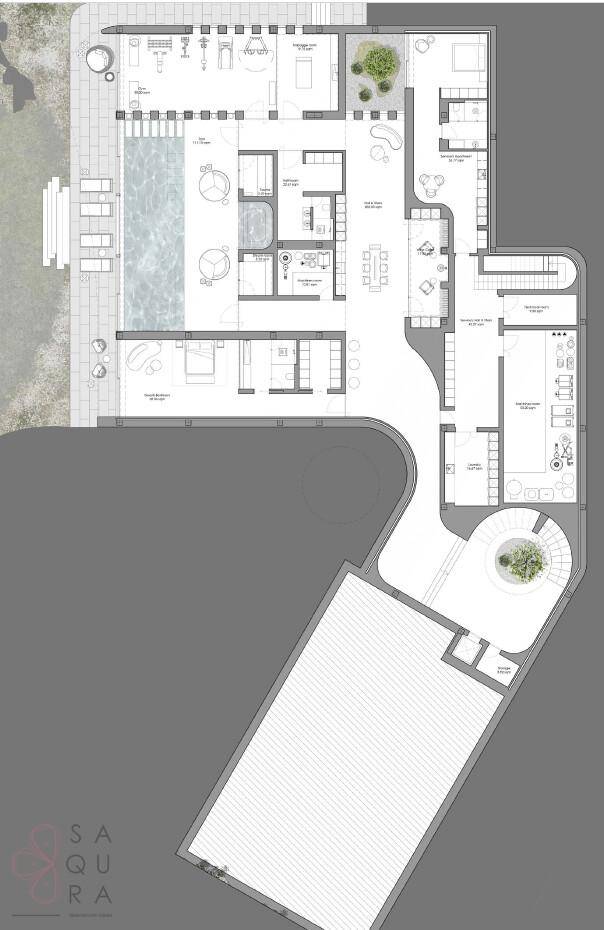 Detaillierter Grundriss des Erdgeschosses mit Pool, Terrassen und verschiedenen Wohnbereichen.