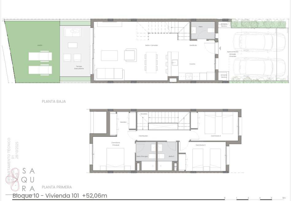 Grundriss der Planta Baja und Planta Primera mit Garten, Terrasse und Parkplätzen.