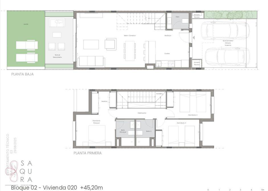 Grundrissplan zeigt Erdgeschoss mit Wohnbereich und Garten sowie Obergeschoss mit Schlafzimmern und Bädern.