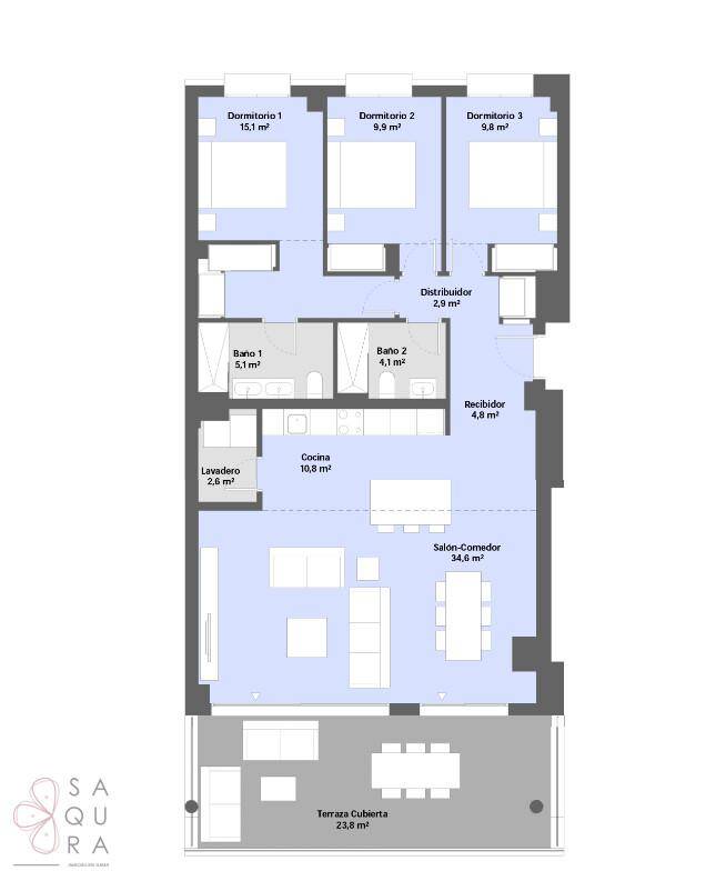 Grundriss einer Wohnung mit drei Schlafzimmern, zwei Bädern und einer großen überdachten Terrasse.