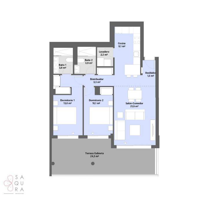 Grundriss einer Wohnung mit zwei Schlafzimmern, zwei Bädern, offener Küche und überdachter Terrasse.