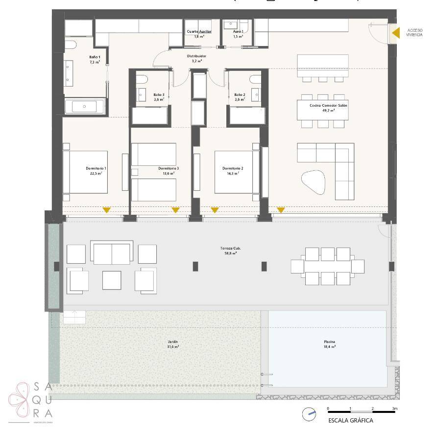 Grundriss einer Wohnung mit drei Schlafzimmern, offener Küche, Wohnbereich und großer Terrasse.