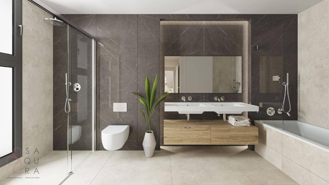 Modernes Badezimmer mit begehbarer Dusche, Doppelwaschbecken, Badewanne und stilvollen Fliesen.