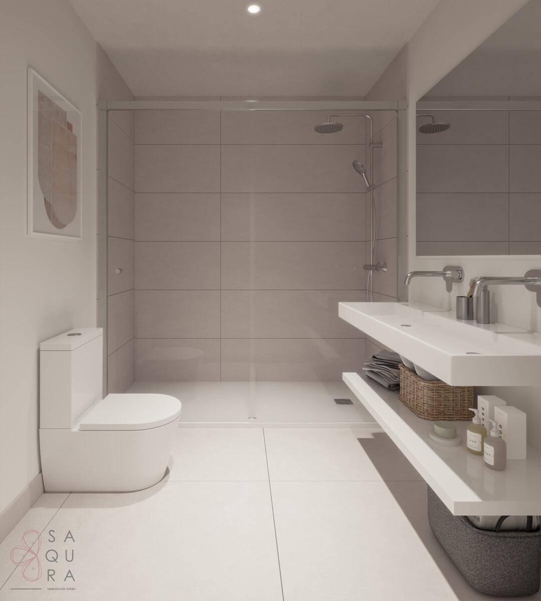Geräumiges Badezimmer mit großer ebenerdiger Dusche und Doppelwaschbecken für Komfort.