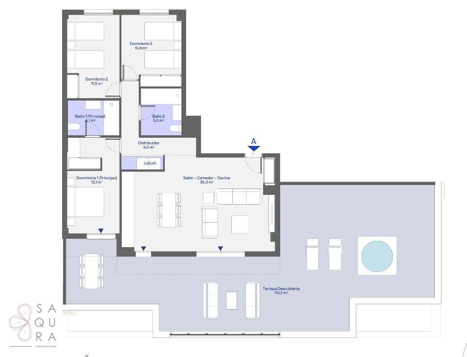 Detaillierter Grundriss einer Wohnung mit drei Schlafzimmern, offenem Wohnbereich und großer Terrasse.