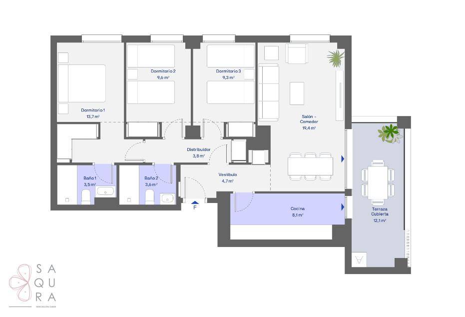 Grundriss einer Wohnung mit drei Schlafzimmern, zwei Bädern und einer Terrasse.