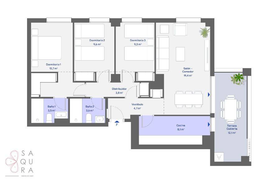Grundriss einer Wohnung mit drei Schlafzimmern, zwei Bädern und offener Küche.