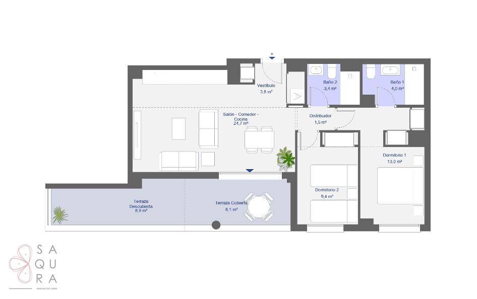 Grundrissplan mit offenem Wohnbereich, zwei Schlafzimmern, zwei Bädern und einer großzügigen Terrasse.