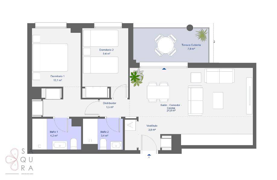 Grundriss einer Wohnung mit zwei Schlafzimmern, zwei Bädern, offenem Wohnbereich und Terrasse.