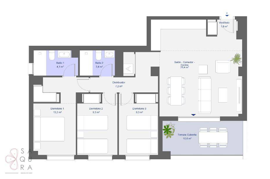 Grundriss einer Wohnung mit drei Schlafzimmern, zwei Bädern und offenem Wohnbereich.