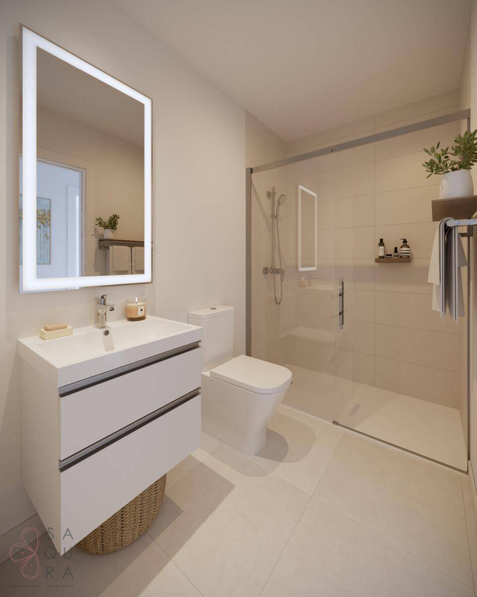 Modernes Badezimmer mit geräumiger Dusche, Waschtisch und beleuchtetem Spiegelschrank.
