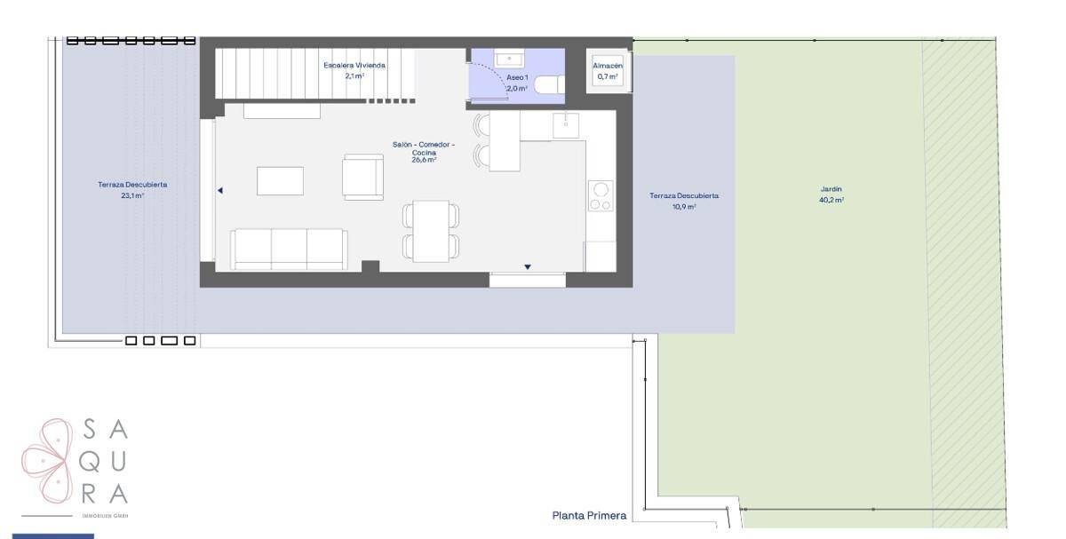 Grundriss der oberen Etage mit offenem Wohn-Essbereich, Küche und großer Terrasse.
