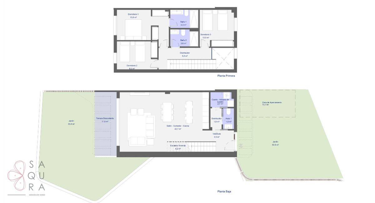 Grundrisspläne zeigen die Aufteilung von Erdgeschoss und erstem Stock mit Gartenbereichen.