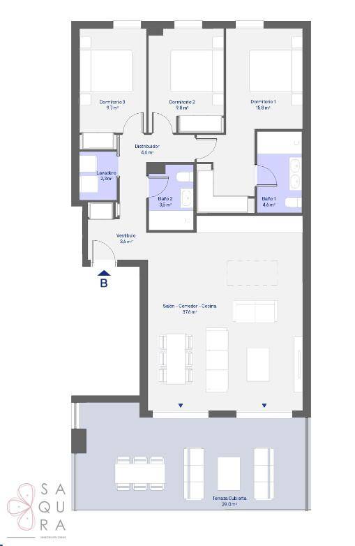 Grundriss einer Wohnung mit drei Schlafzimmern, zwei Bädern und offenem Wohnbereich.