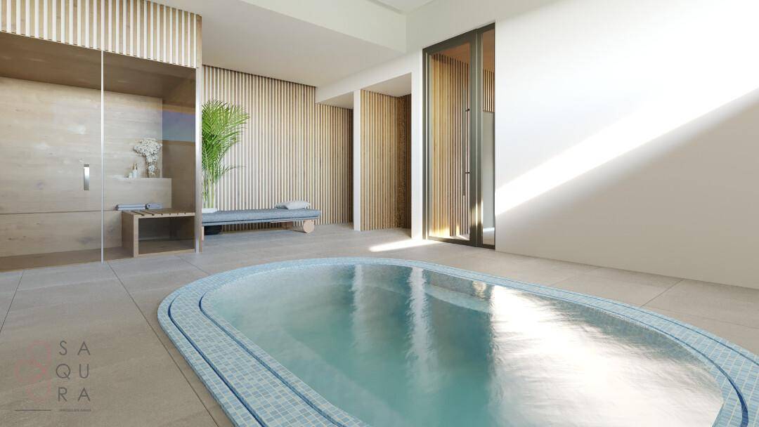 Innen-Wellnessbereich mit kleinem Pool, Holzlamellenwänden und einer Entspannungsbank für Erholung.