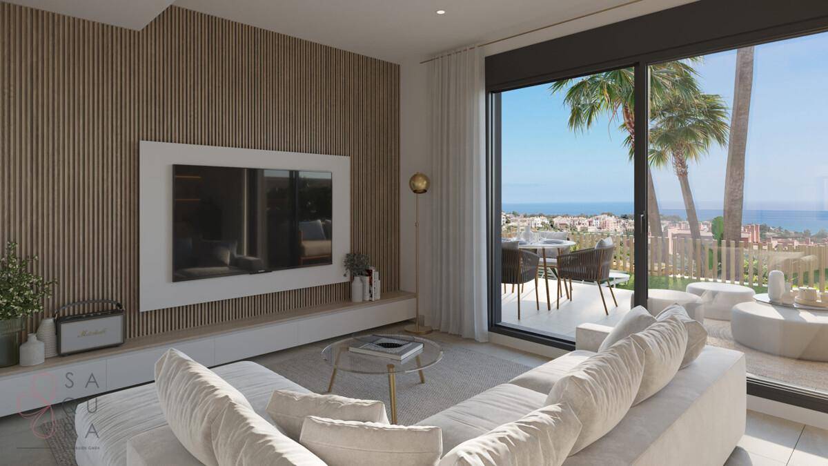 Modernes Wohnzimmer mit Holzwandverkleidung und großen Fenstern, die einen weiten Blick auf das Meer bieten.