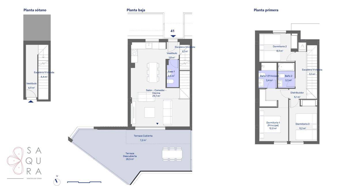 Grundrisspläne zeigen Keller, Erdgeschoss und erste Etage mit verschiedenen Räumen.