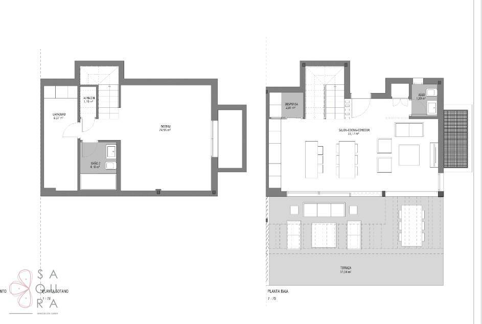 Grundriss des Erdgeschosses und Kellers mit offenem Wohnbereich und großer Terrasse.