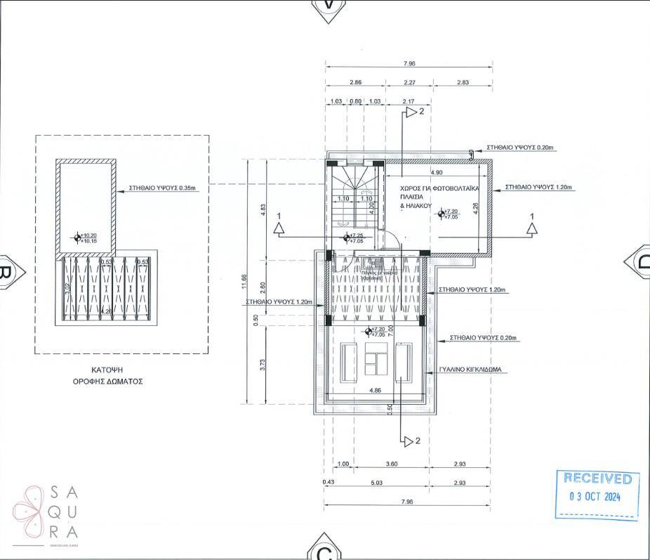 Grundriss des Daches mit Zugang zur Dachterrasse und Photovoltaikanlage.